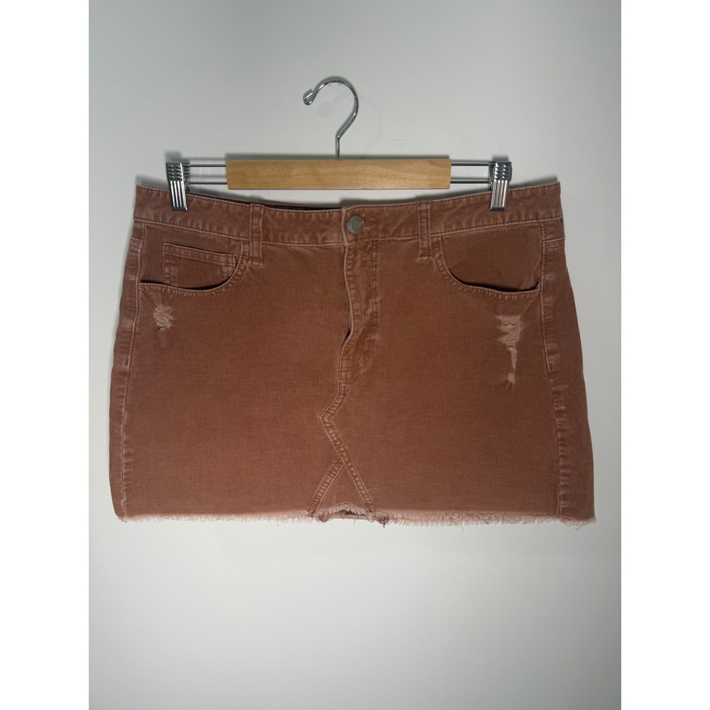 American Eagle Corduroy Mini Skirt Rust Distressed Raw Hem‎ Super Stretch 14